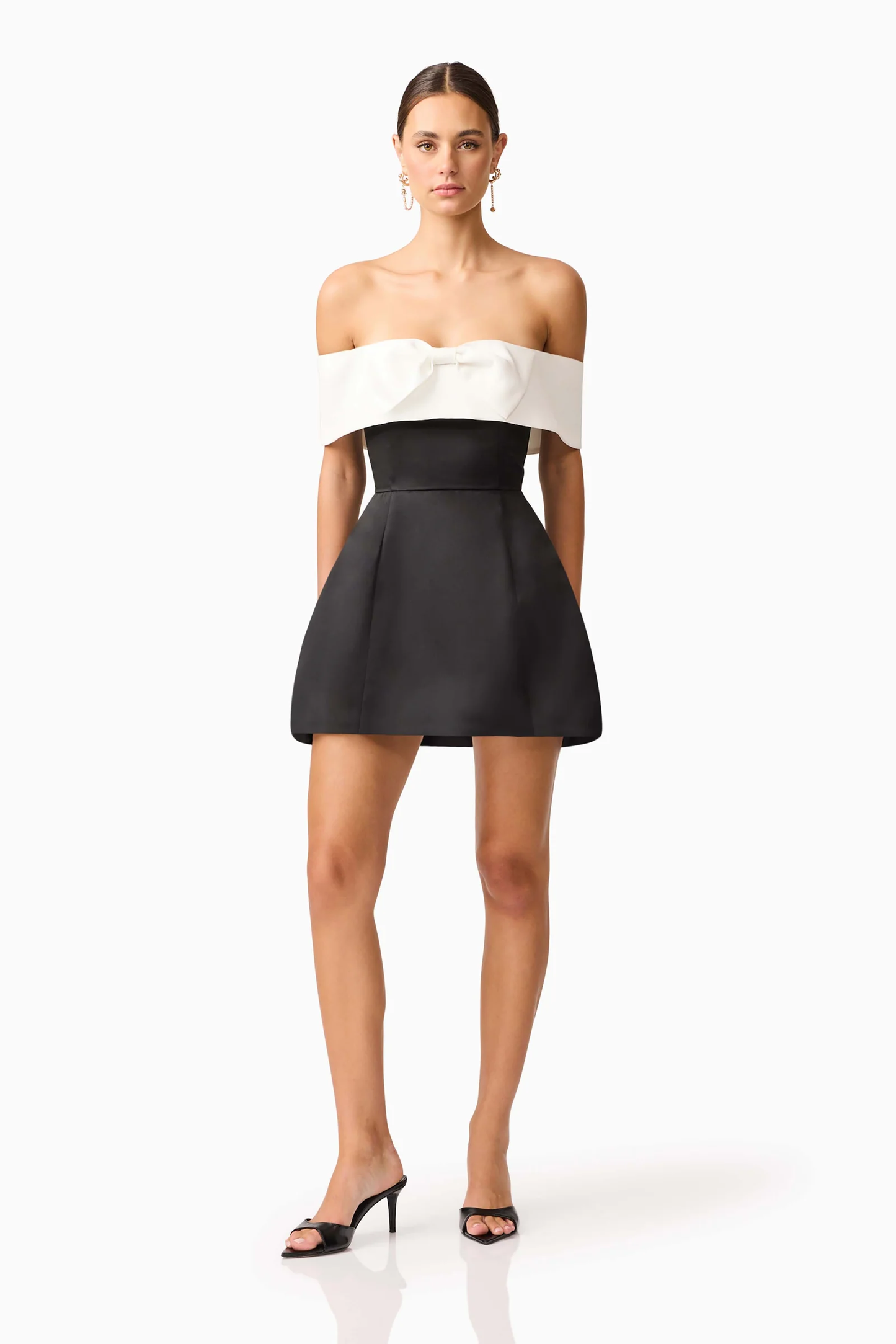 Elliatt Sorrel Off the Shoulder Mini Dress in Black & White