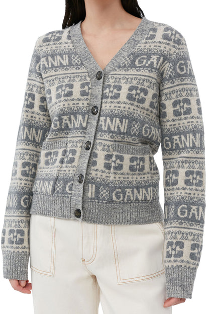 Ganni Grey Logo Wool Mix Cardigan