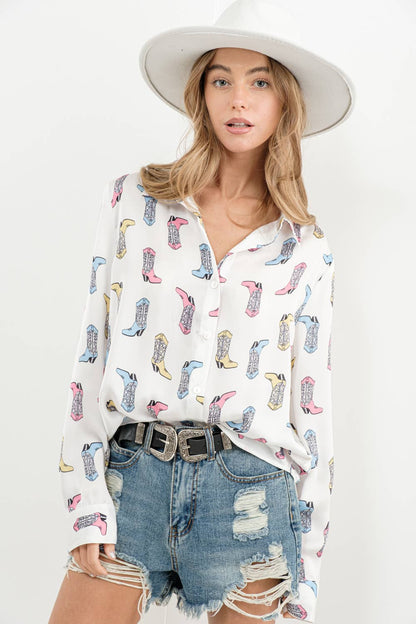 Satin Cowboy Boots Print Button Up Blouse