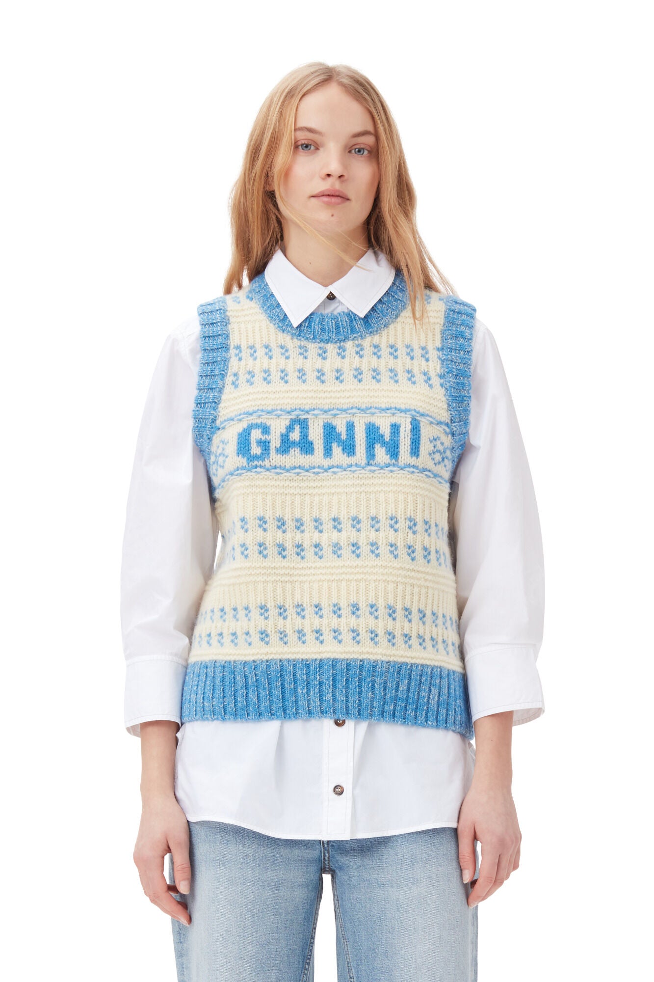 GANNI Blue Graphic O-Neck Vest