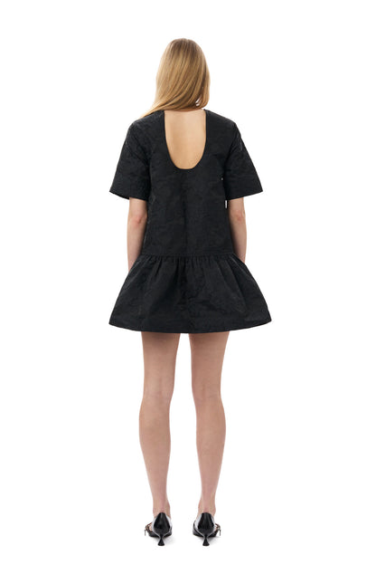 Ganni BLACK BOTANICAL JACQUARD OPEN-BACK MINI DRESS