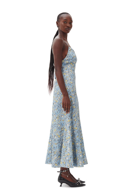 Ganni BLUE FLORAL CRINKLED SATIN LONG DRESS