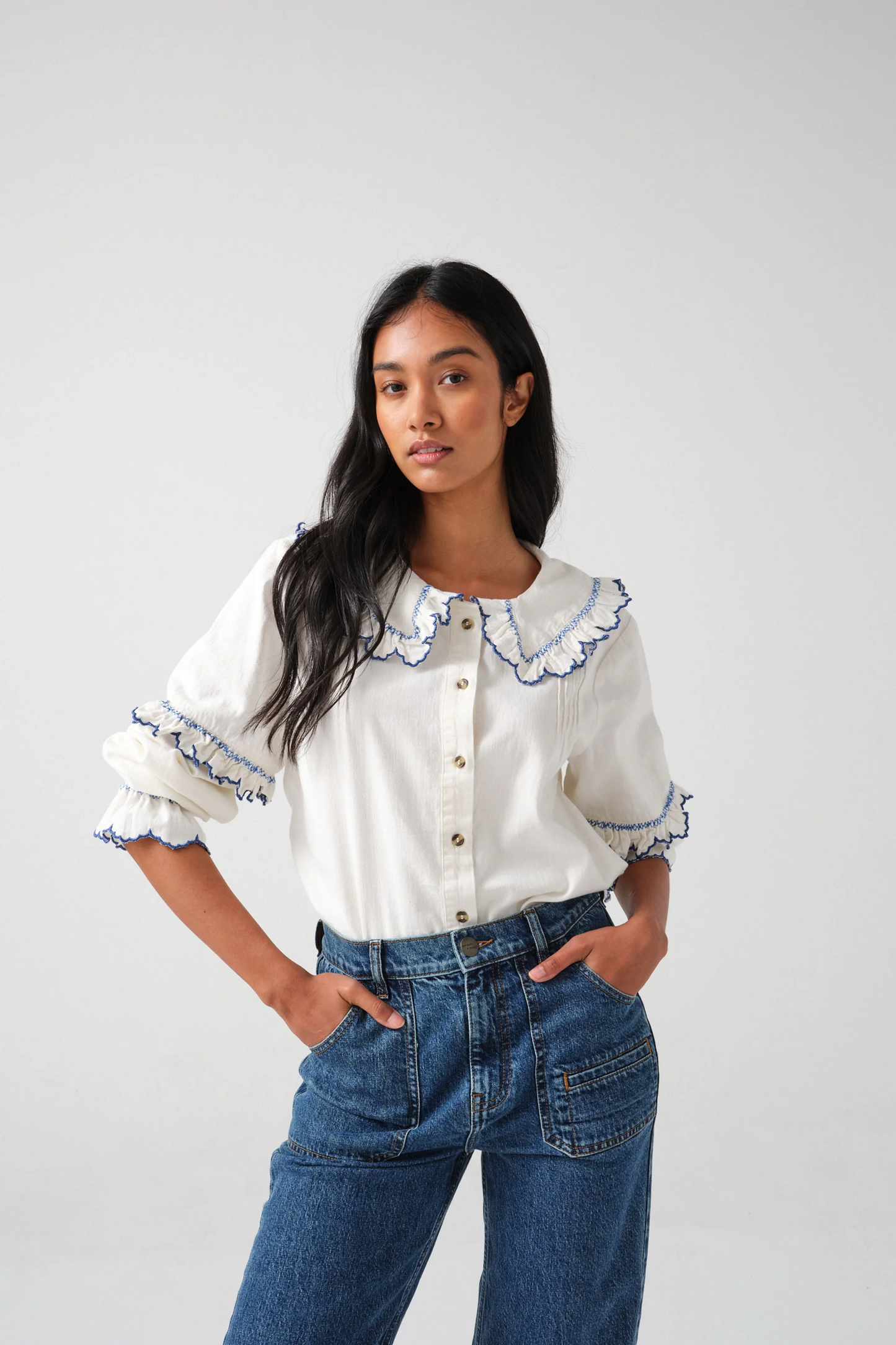 Seventy + Mochi Phoebe Blouse in Ecru and Electric Blue Embroidery