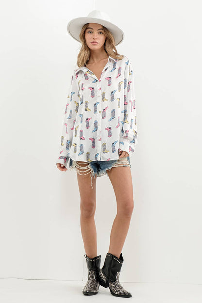 Satin Cowboy Boots Print Button Up Blouse