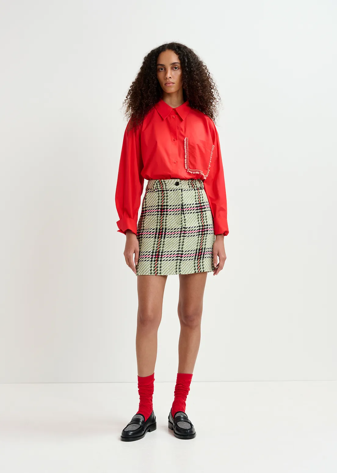 Essentiel Antwerp Red cotton shirt with beaded embroidery