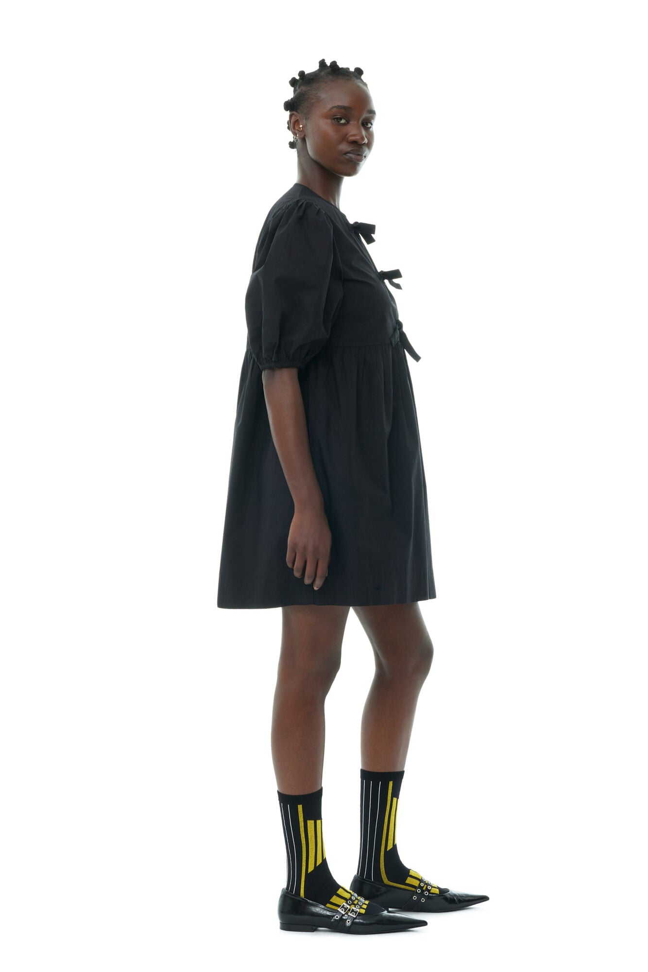 Ganni BLACK COTTON POPLIN TIE STRING MINI DRESS