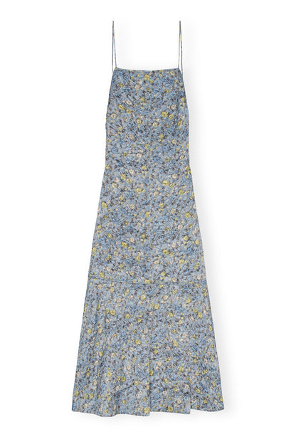 Ganni BLUE FLORAL CRINKLED SATIN LONG DRESS