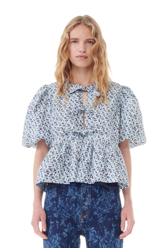 Ganni FLORAL PRINTED COTTON POPLIN PEPLUM BLOUSE