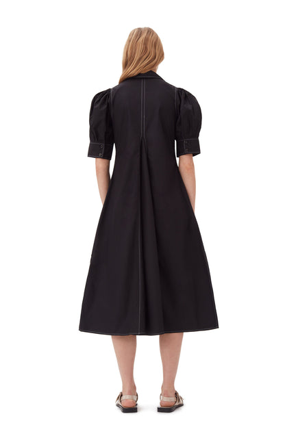 Ganni Cotton Poplin V-Neck Midi Dress