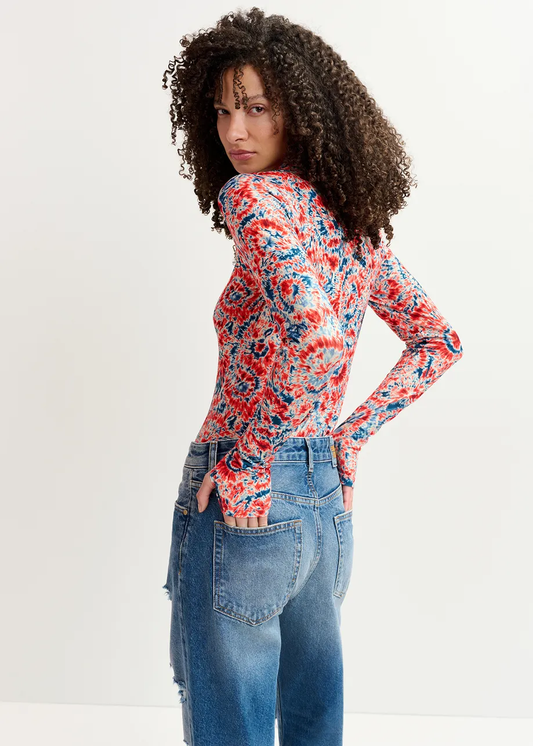 Essentiel Antwerp Red and blue tie-dye printed turtleneck top