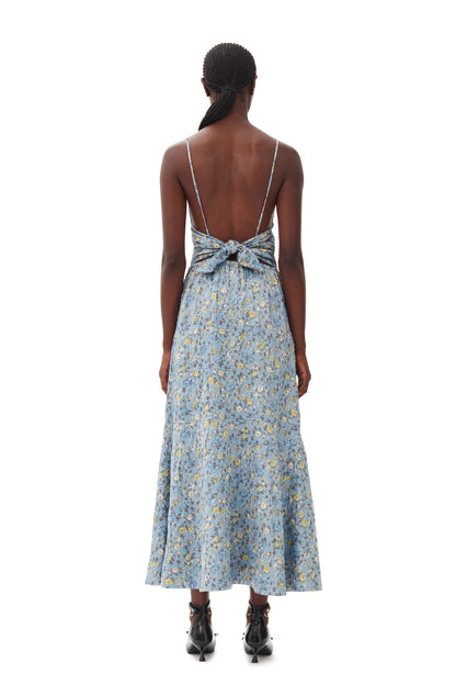 Ganni BLUE FLORAL CRINKLED SATIN LONG DRESS