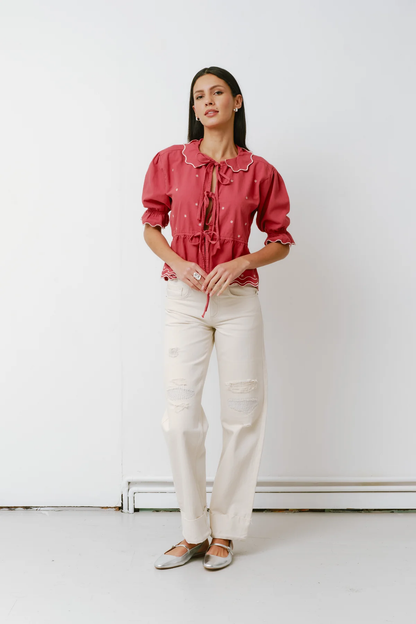 Seventy + Mochi Ana Tie Blouse in Vintage Red