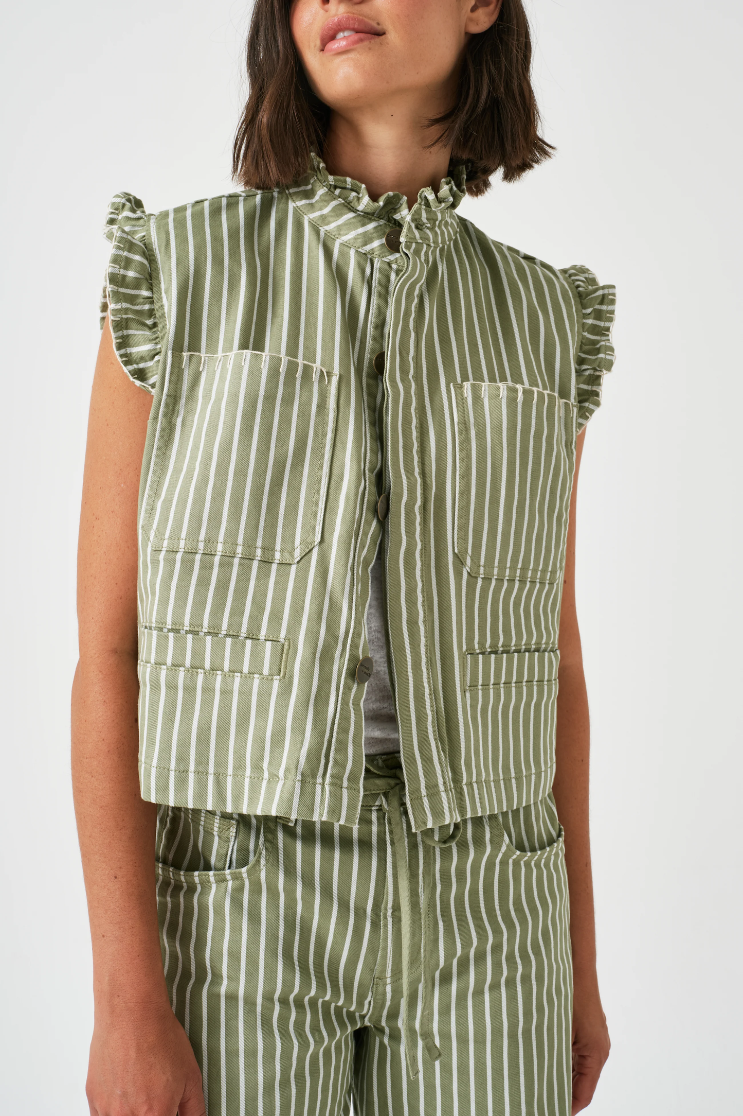 Seventy + Mochi Pablo Vest in Vintage Moss Wide Stripe