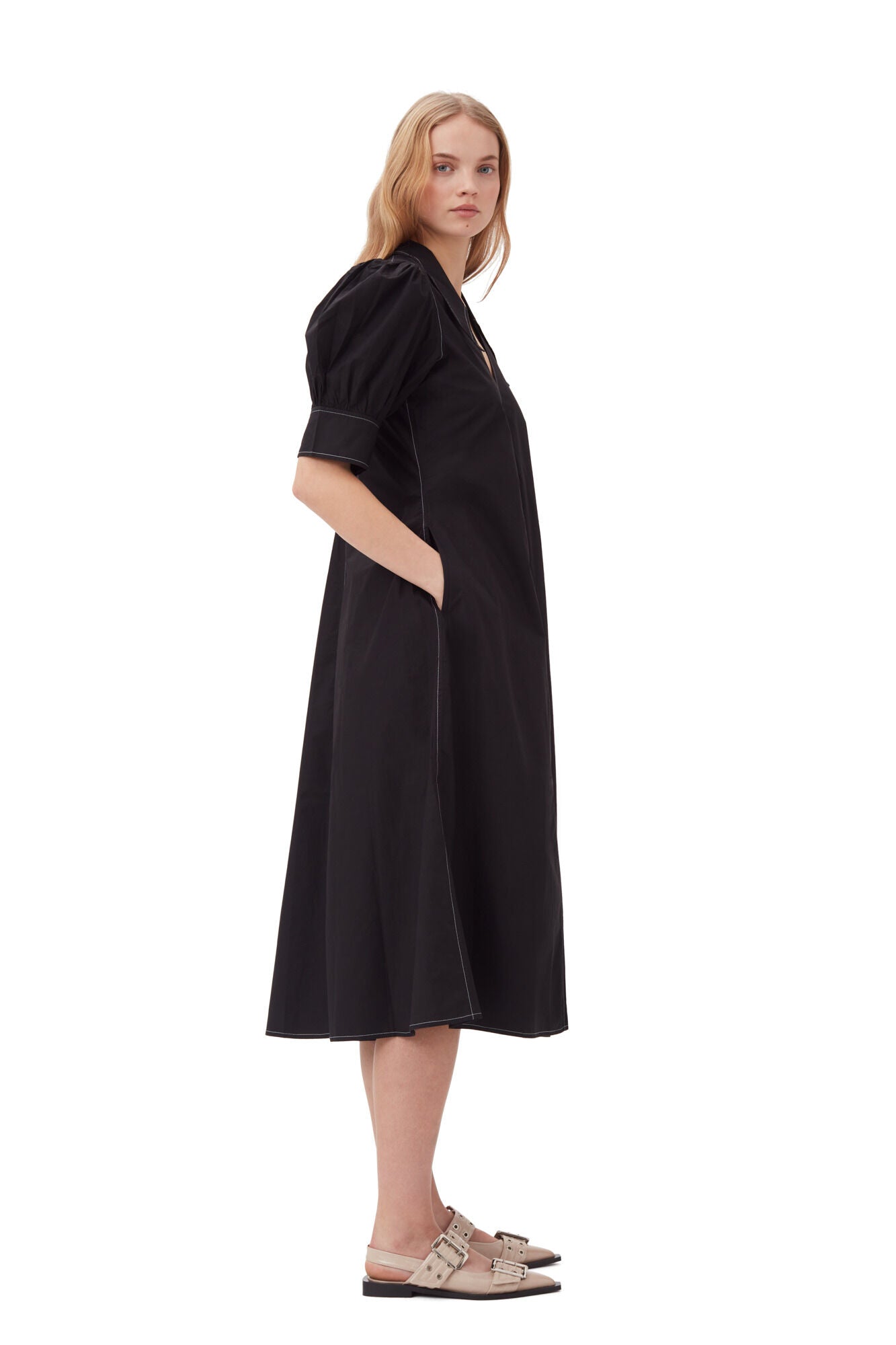 Ganni Cotton Poplin V-Neck Midi Dress