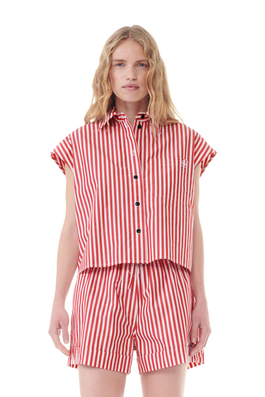 Ganni RED STRIPE COTTON TIE COLLAR SHIRT