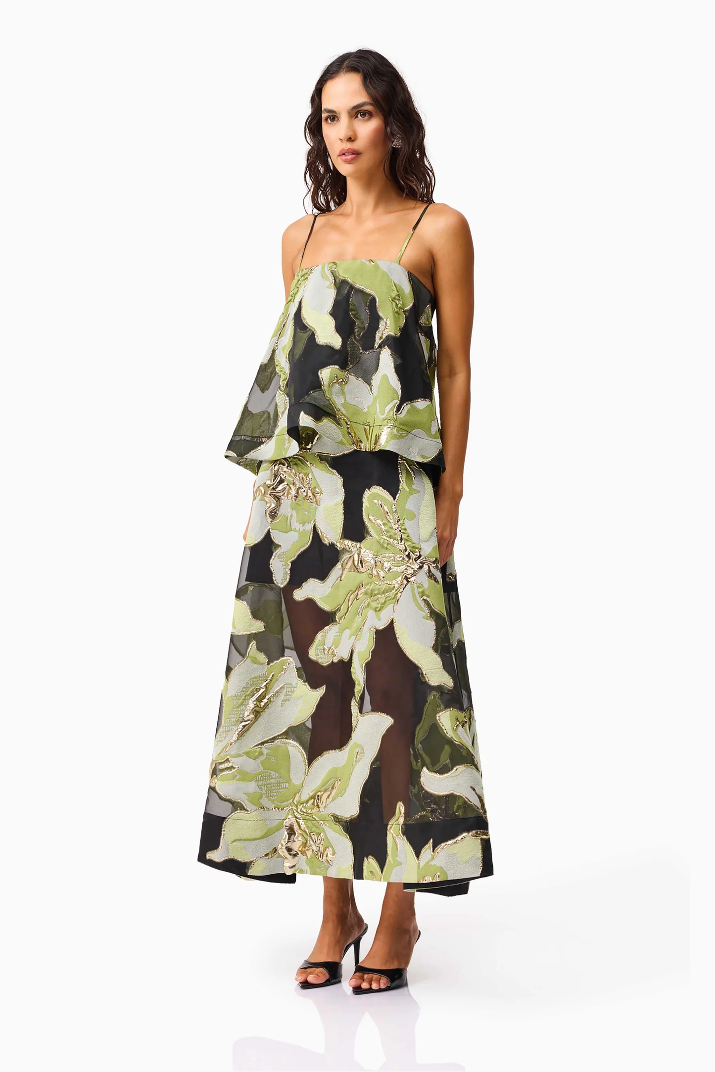 Elliatt Elysia Tiered Gown in Black & Green Floral