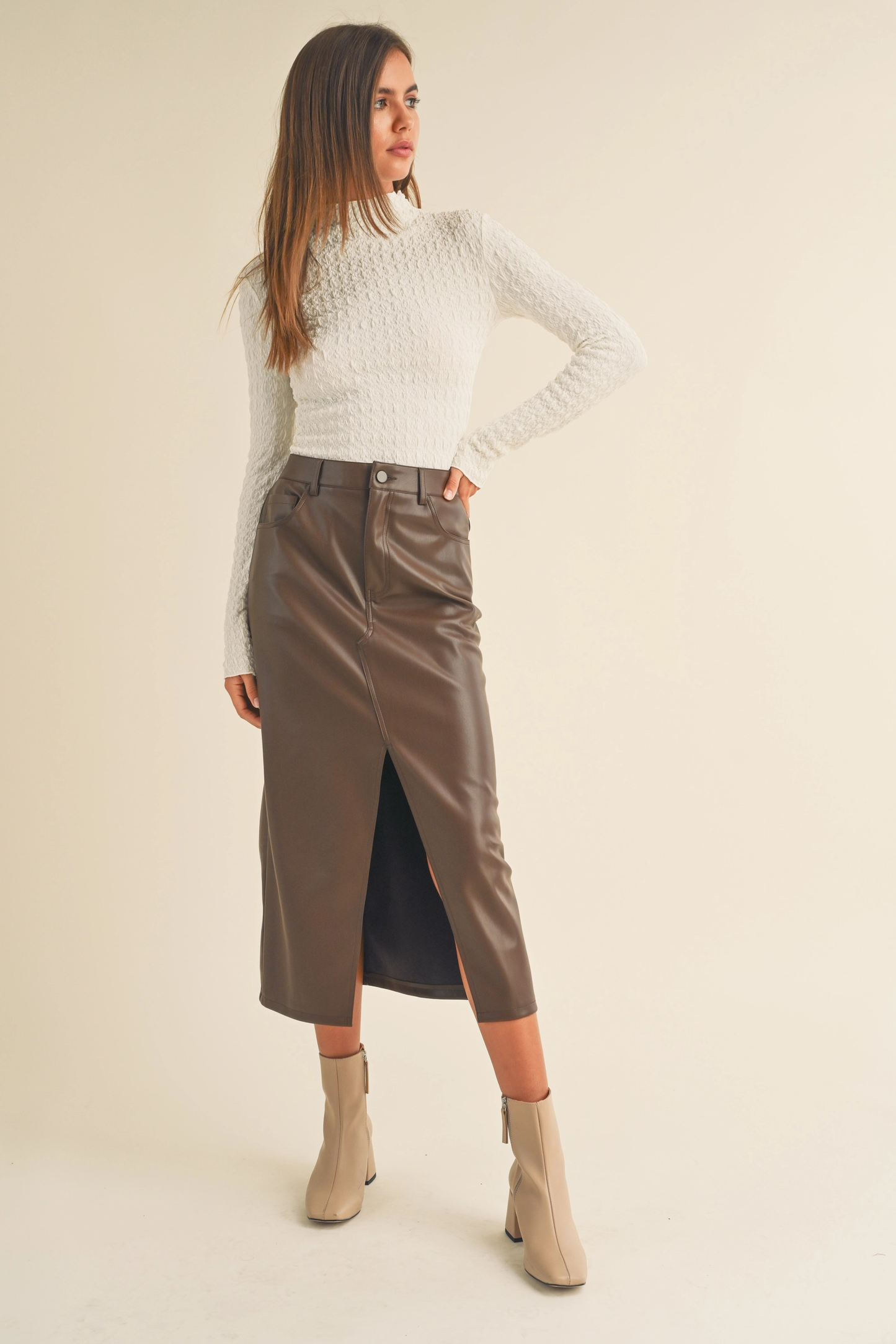 MIOU MUSE BROWN PLEATHER SKIRT