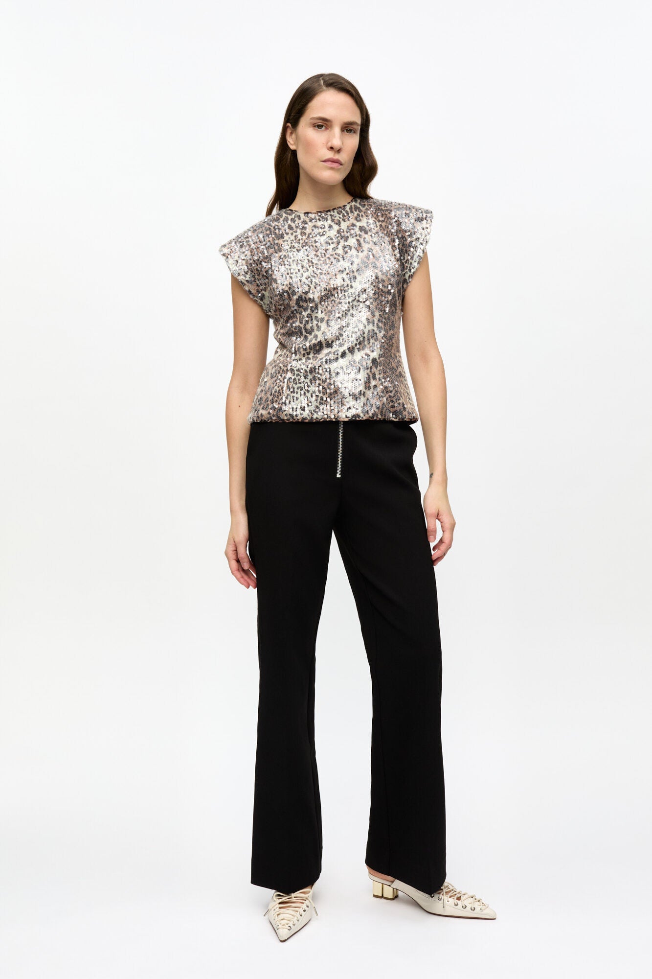 Ganni LEOPARD PRINTED STRETCH SEQUINS BLOUSE
