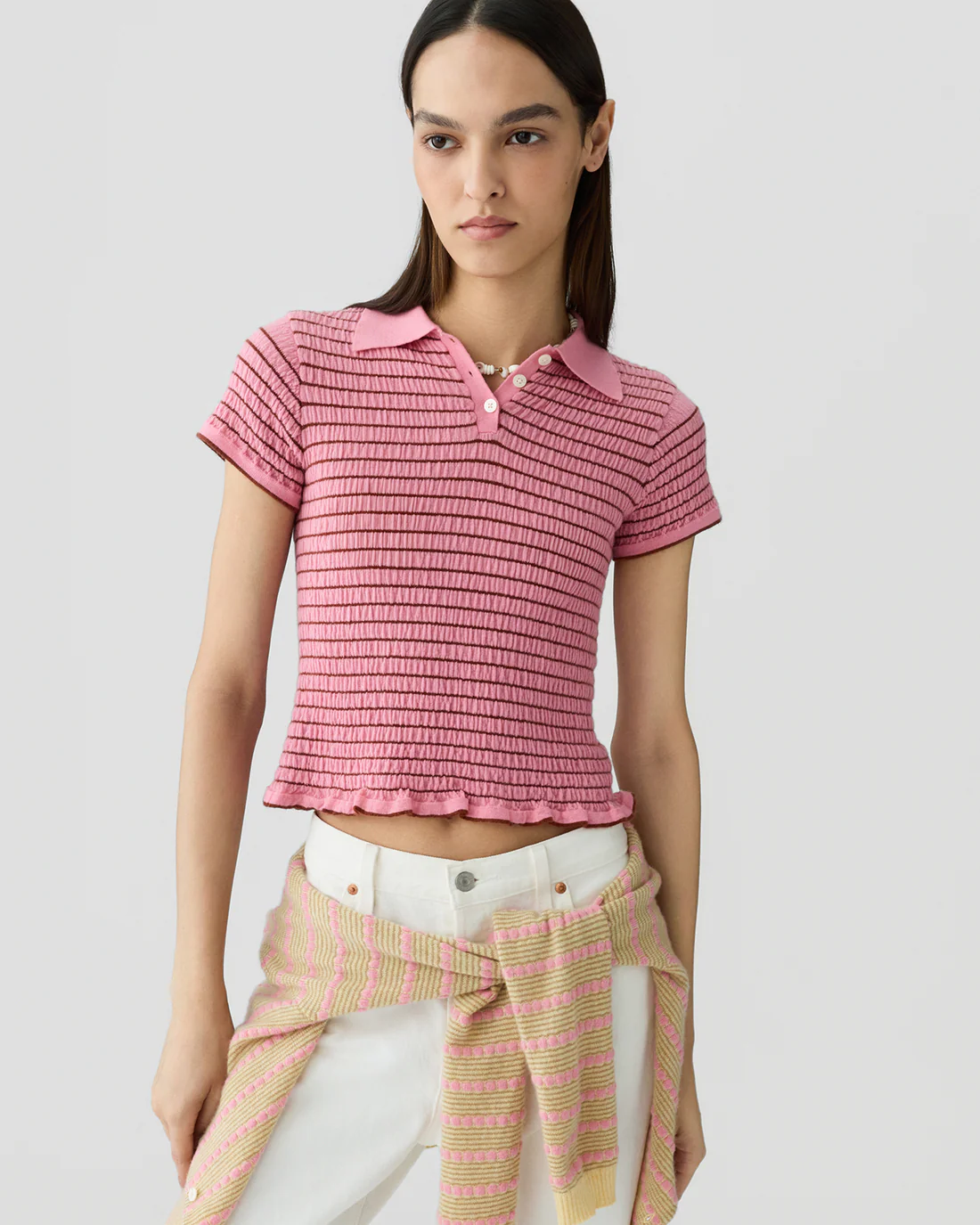 Guest in Residence Smocked Shrunken Polo - Sprinkle/Burnt Sienna