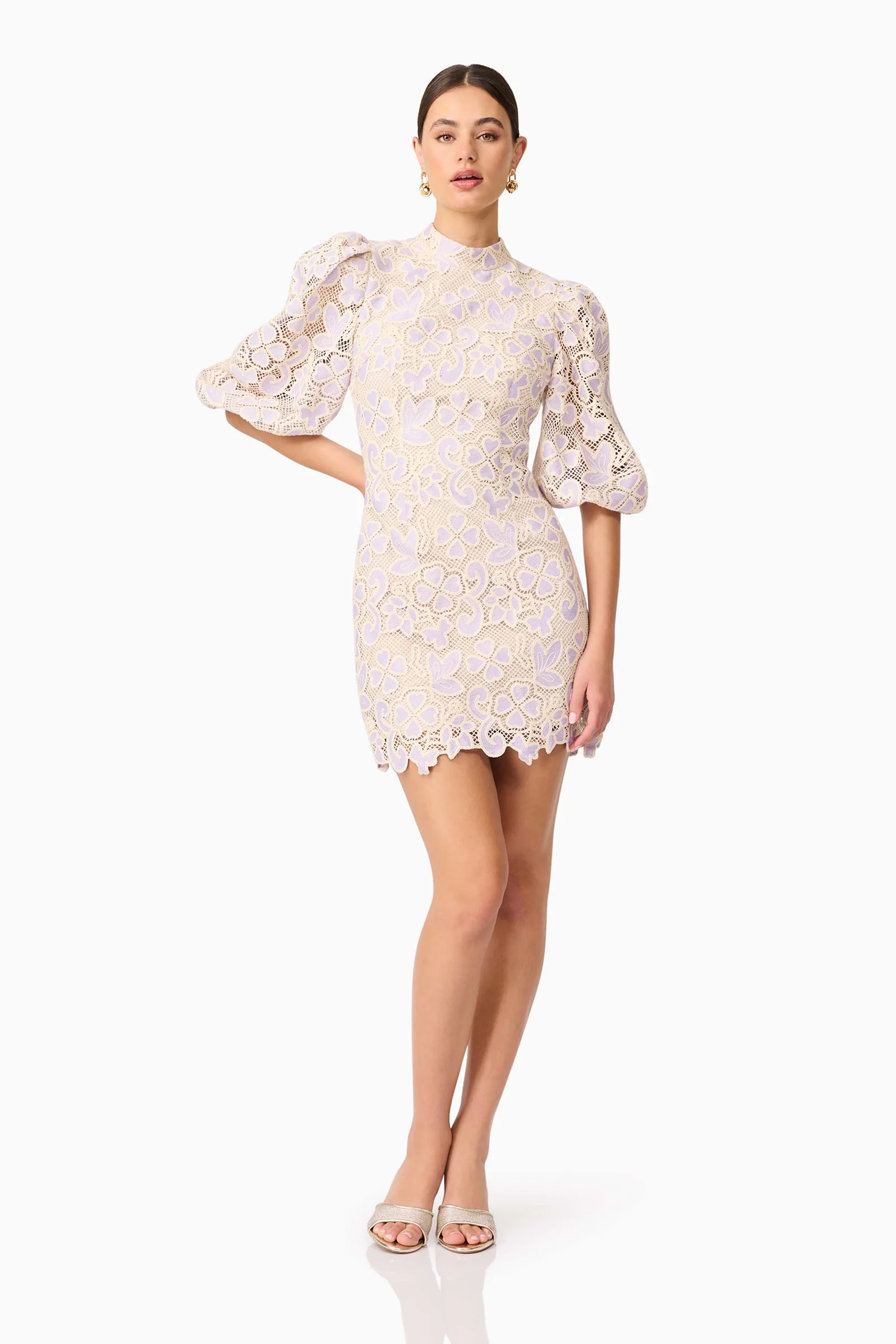 Elliatt Jasmine Puff Sleeve Mini Dress in Purple & Beige