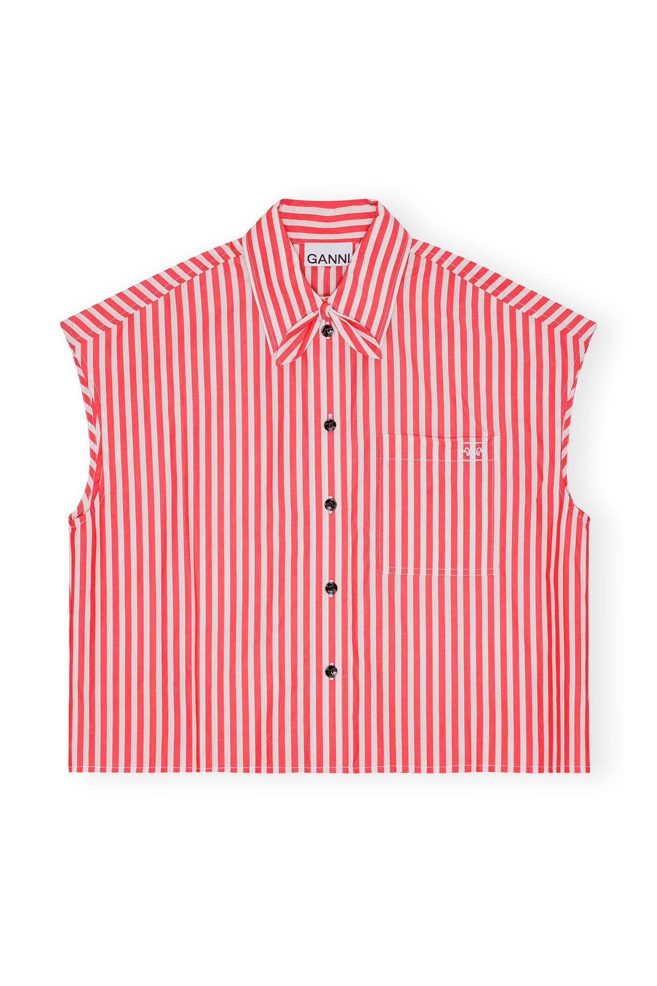 Ganni RED STRIPE COTTON TIE COLLAR SHIRT