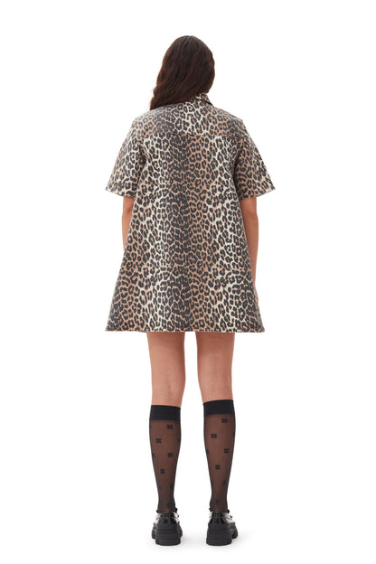 Ganni Leopard Printed Denim Mini Dress