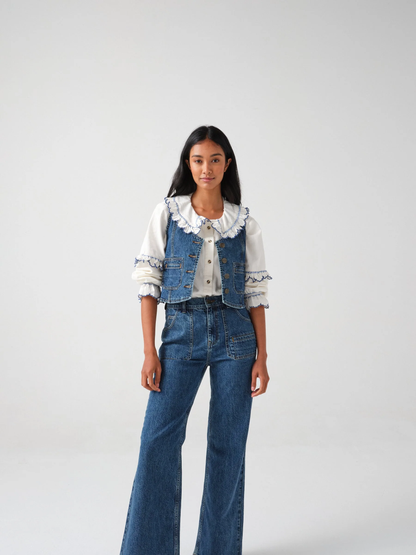 Seventy + Mochi Phoebe Blouse in Ecru and Electric Blue Embroidery