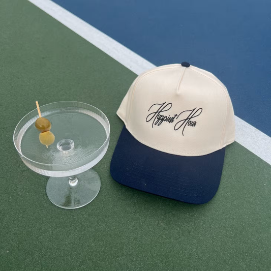 Happiest Hour-Embroidered Trucker- Nvy/Natrl Hat Blk Thread
