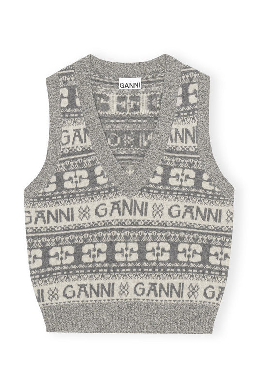 Ganni Grey Logo Wool Mix Vest