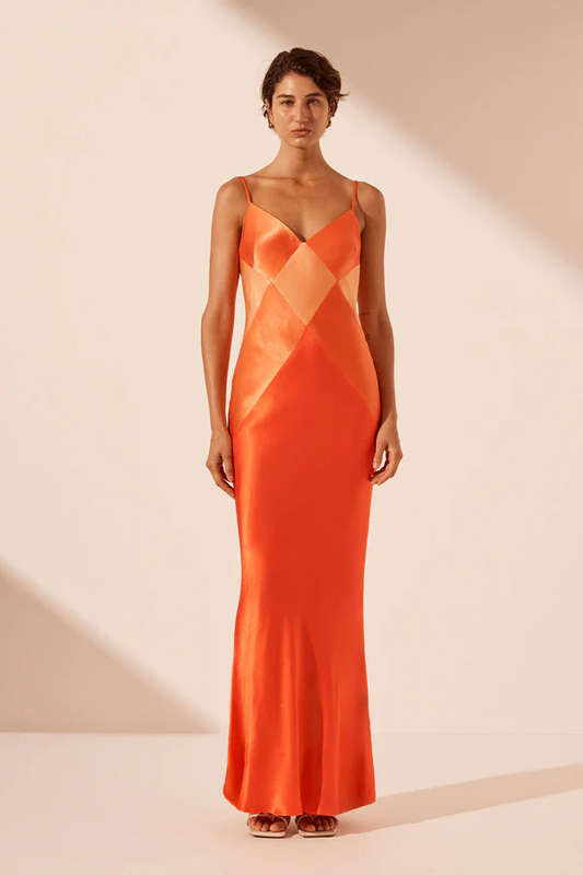Shona Joy Mia Contrast Spliced Maxi Dress - Red Orange / Hibiscus