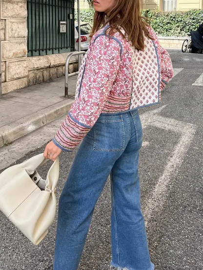 Reversible Floral Quilted Cropped Jacket in Pink & Blue