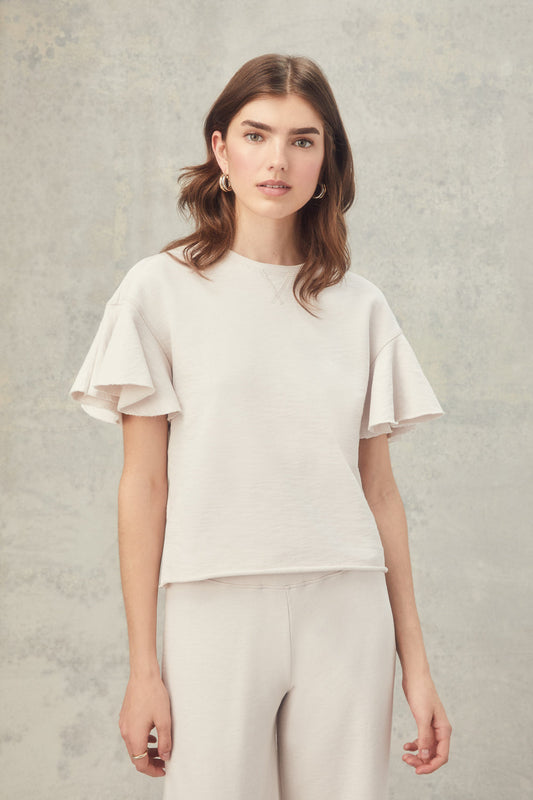 GOLDIE MELROSE RUFFLE SLEEVE TOP - WHITE SAND