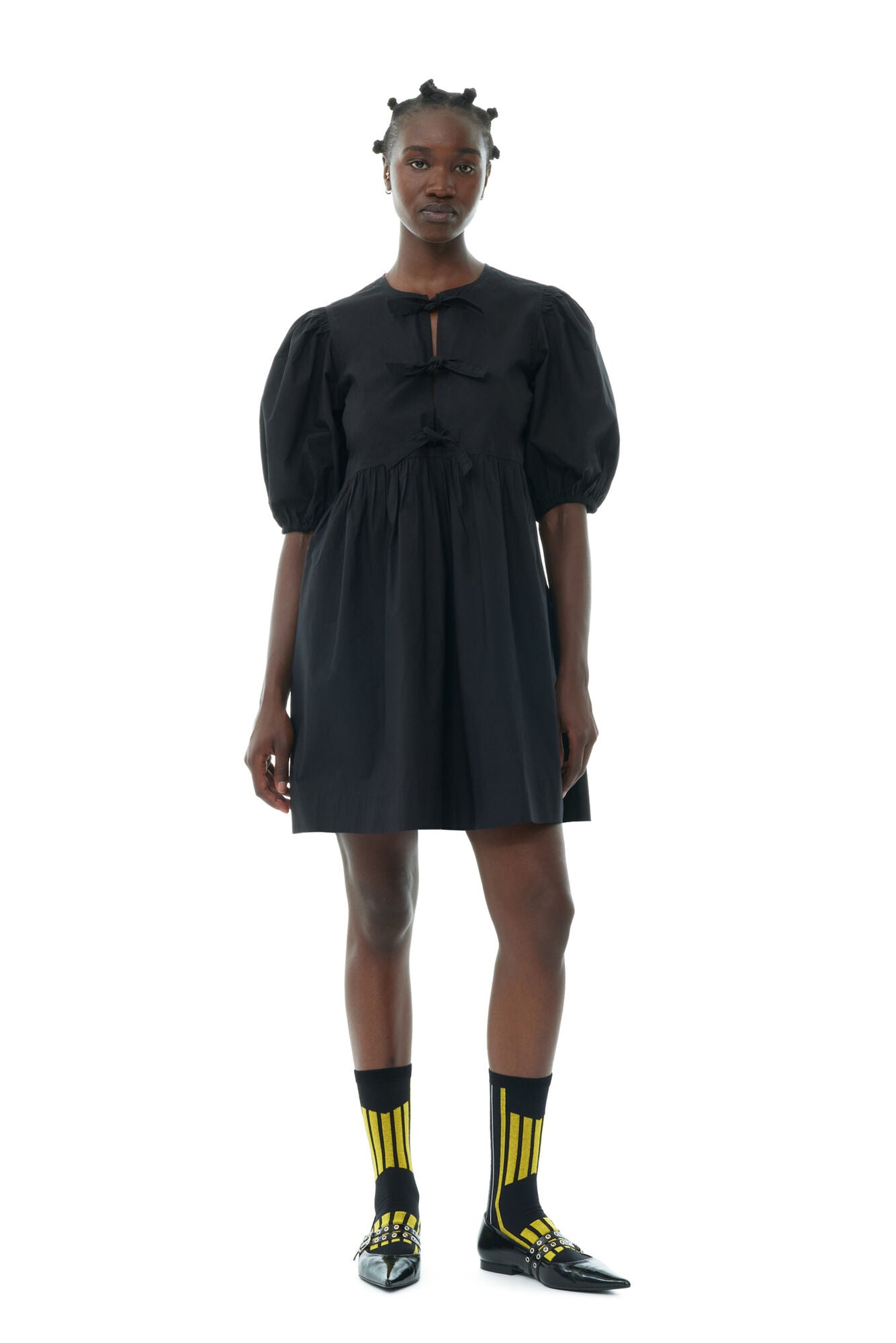 Ganni BLACK COTTON POPLIN TIE STRING MINI DRESS