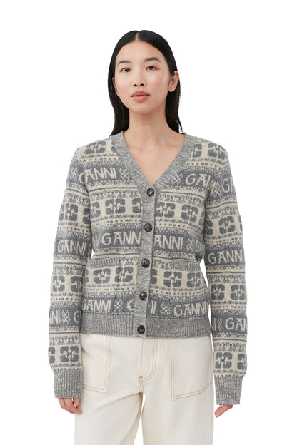 Ganni Grey Logo Wool Mix Cardigan
