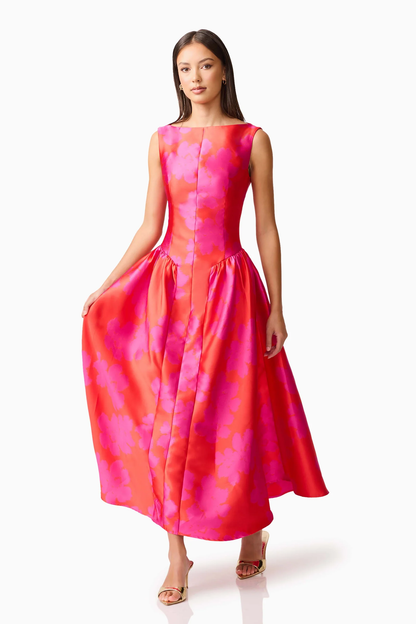 Elliatt Eloise A-Line Midi Dress in Pink & Red
