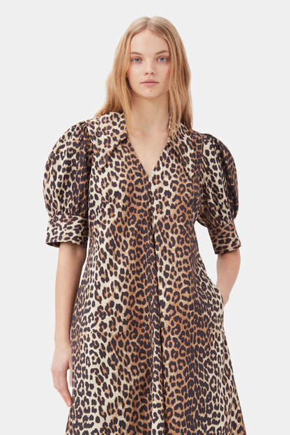 LEOPARD COTTON POPLIN V-NECK MAXI DRESS