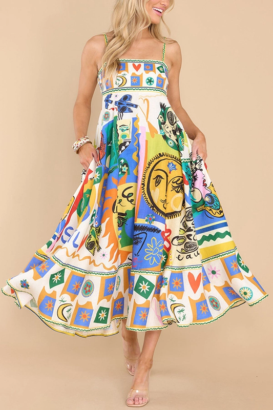 Folk Print Midi Dress