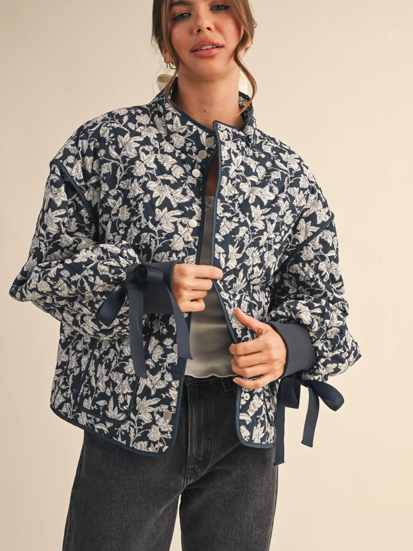 Floral Quilted Jacket with Ribbon