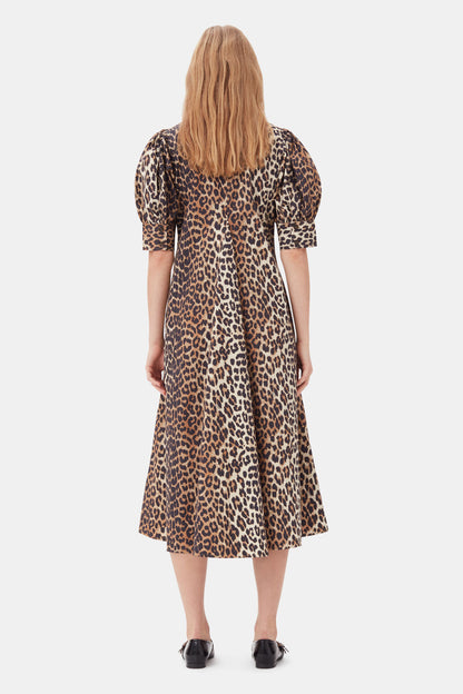 LEOPARD COTTON POPLIN V-NECK MAXI DRESS