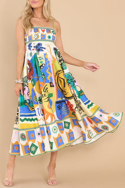 Folk Print Midi Dress