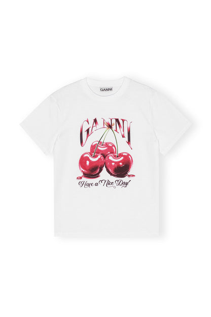 Ganni WHITE BASIC JERSEY CHERRY RELAXED T-SHIRT