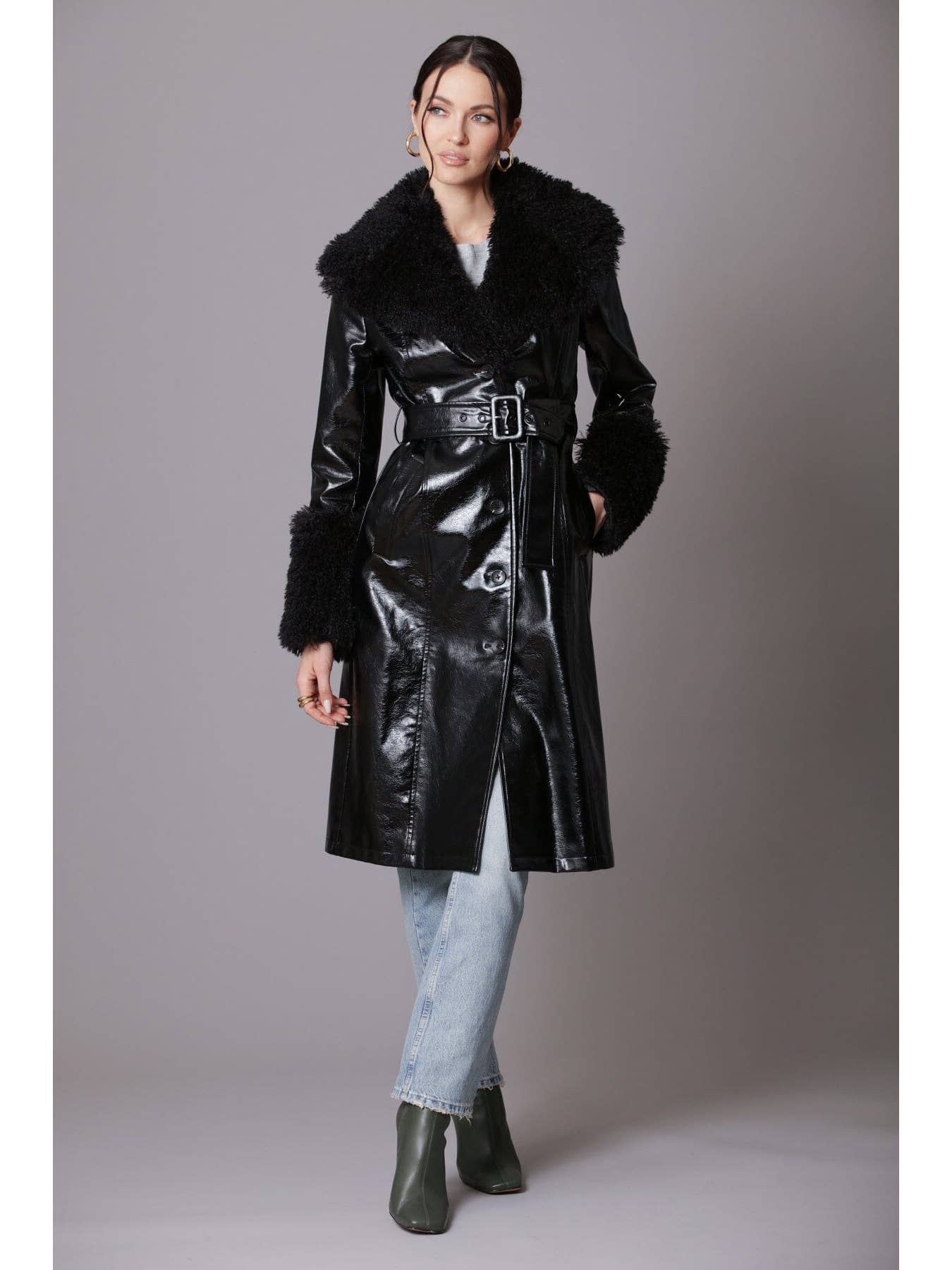 Faux Fur-Trimmed Patent Trench Coat