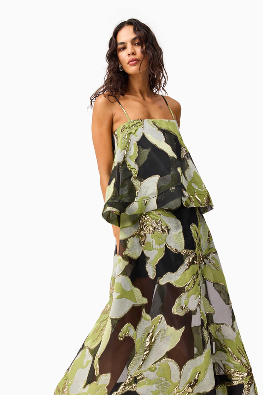 Elliatt Elysia Tiered Gown in Black & Green Floral