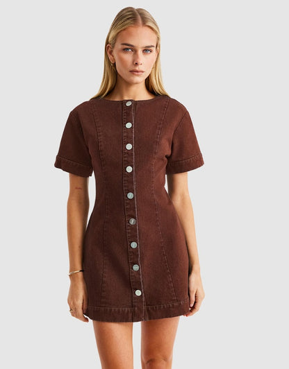 SNDYS Tilla Denim Mini Dress - Chocolate