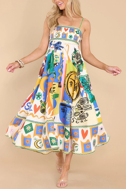 Folk Print Midi Dress