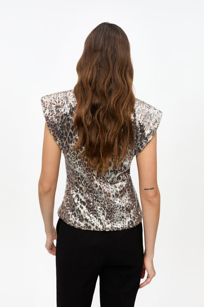 Ganni LEOPARD PRINTED STRETCH SEQUINS BLOUSE
