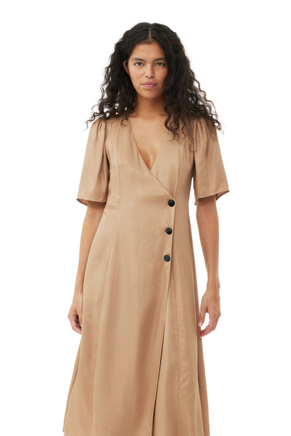 Ganni Brown Viscose Twill Wrap Midi Dress