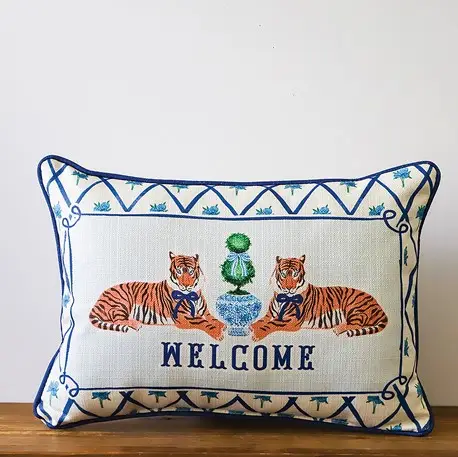 Chinoiserie Tiger Welcome Piped Pillow