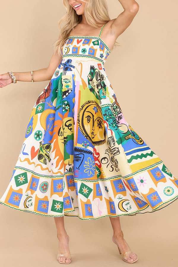 Folk Print Midi Dress