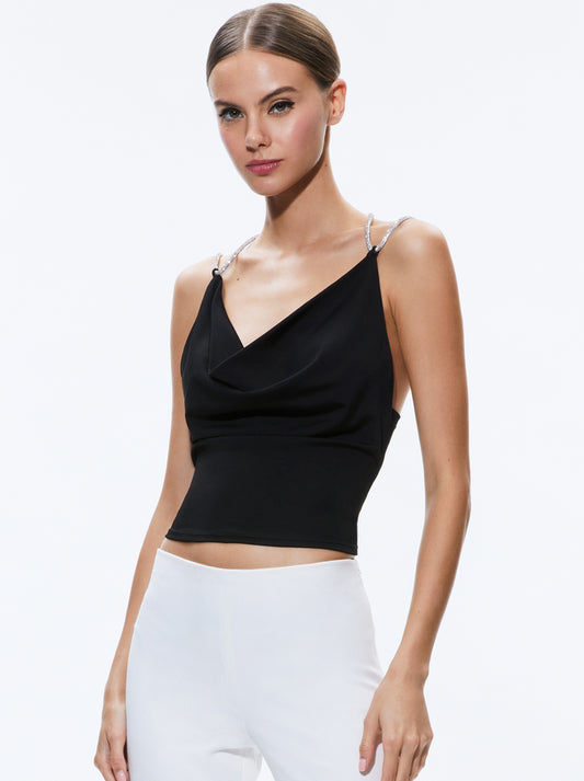 Alice & Olivia CORAL CRYSTAL STRAP COWL NECK TOP